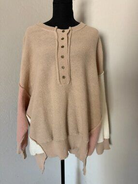 Peach Love California Colorblock Oversized Knit Henley Sweater, L NWOT